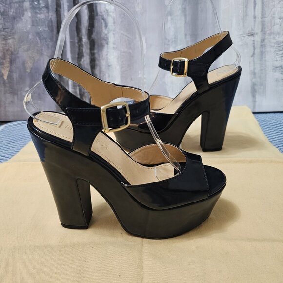 NWT Forever 21 Black Patent Platform Heels Ankle Strap Open Toe Sandals - Size 6 - Picture 2 of 9